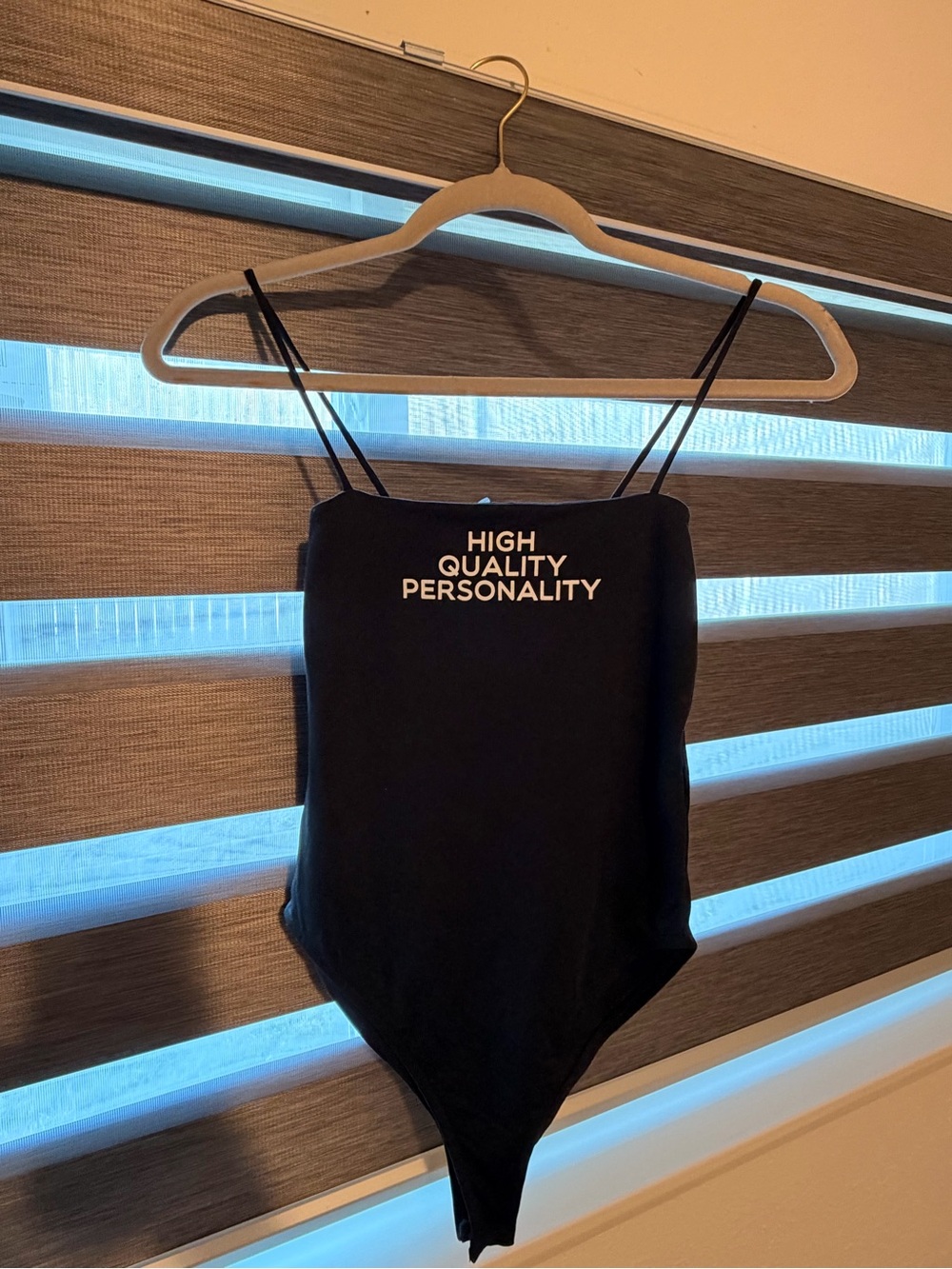 Zara Black Bandeau Bodysuit with White 'HIGH QUALITY PERSONALITY' Print